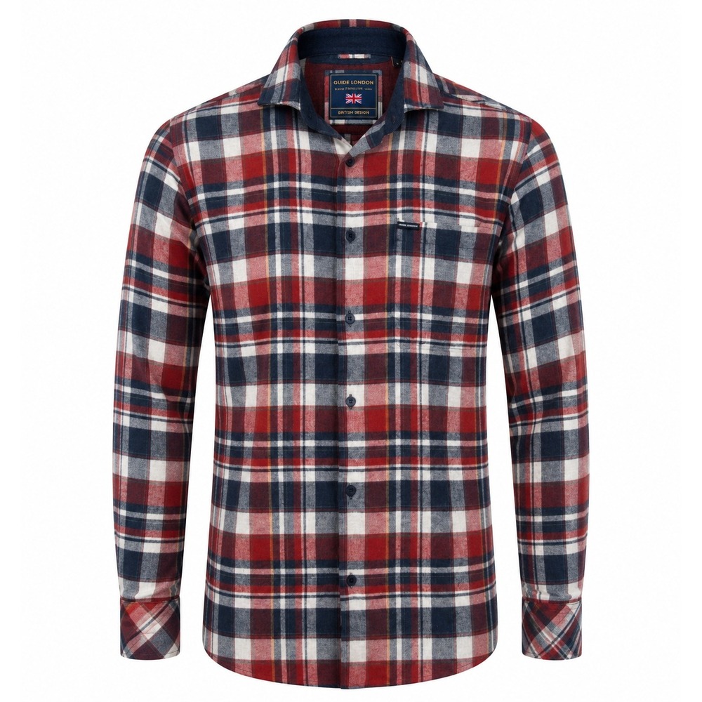 Guide London Mens Plaid Flannel Shirt Red White Navy Blue British Design Large